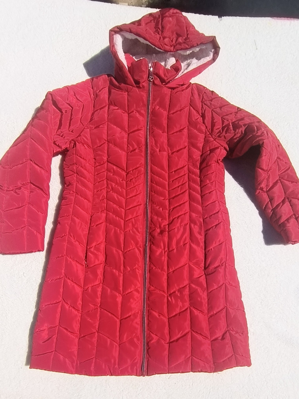 Big Chill Womens S Red Chevron Quilted Puffer Coat Sherpa Hood Winter